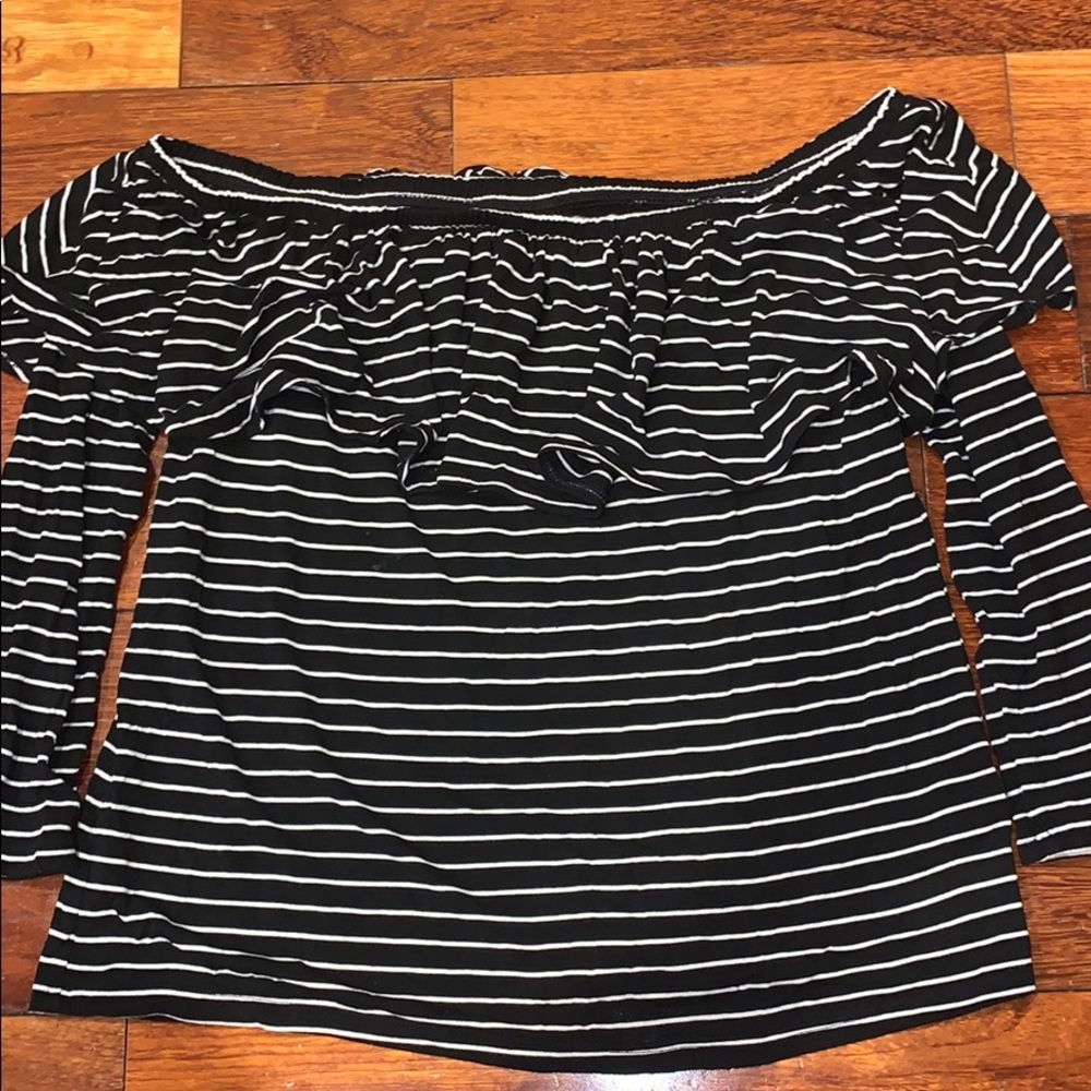 black and white striped off the shoulder top